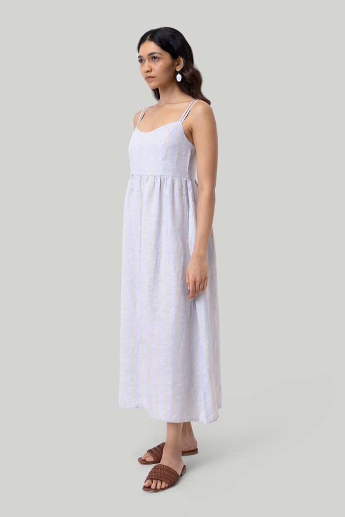 Strappy Gathered Midi Dress in Linen Stripes from Reistor