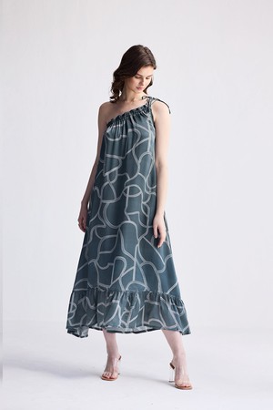 One Shoulder Midi Dress in Abstract Stripes from Reistor