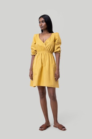 Gathered Elbow Sleeve Short Dress in Mustard from Reistor