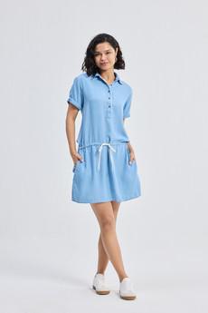 Drawstring Denim Shirt Dress with Front Buttons in Blue via Reistor