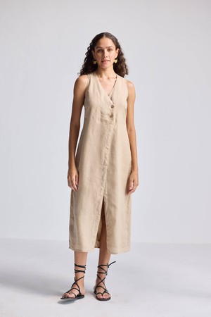 Straight Dress with Front Slit in Neutral Beige Hemp from Reistor