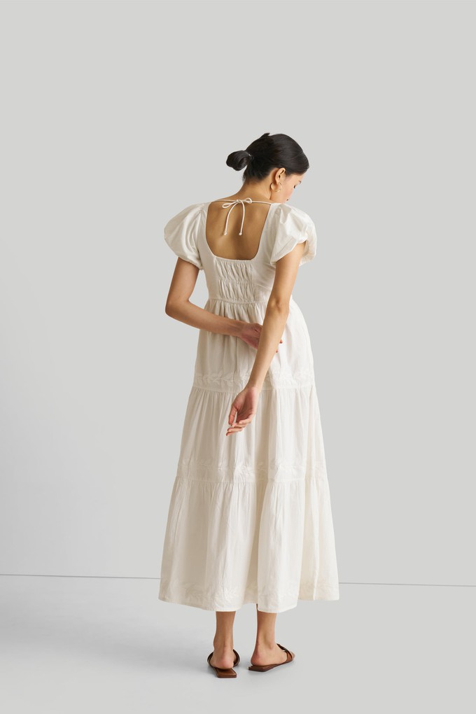 Puff Sleeve Embroidered Tiered Dress in White from Reistor