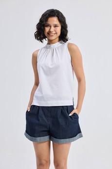 High-Neck Top with Gathers in White via Reistor