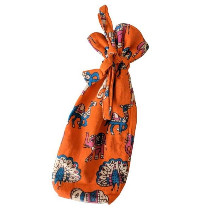 Reusable Kalamkari Cotton Pouch, Bottle Gift Bag, Orange from Shakti.ism