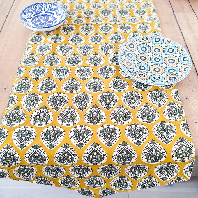 Bagru block-printed table runner, yellow paisley from Shakti.ism