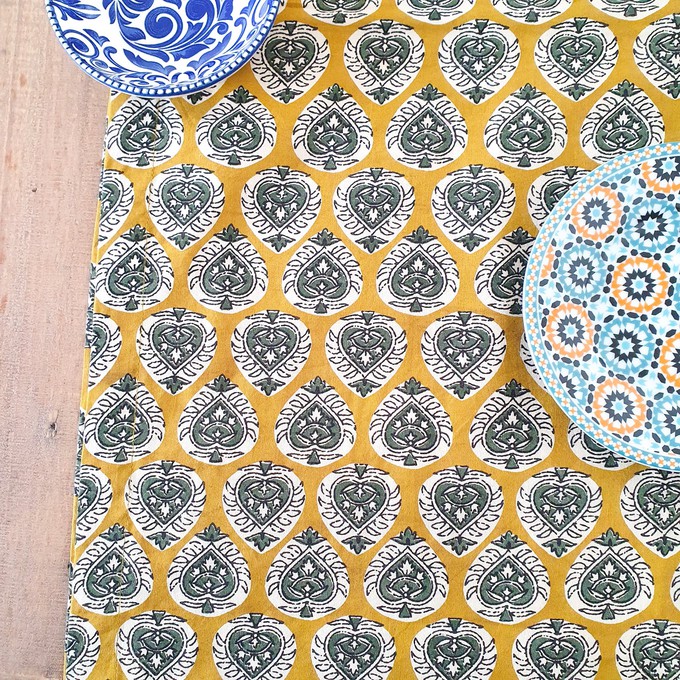 Bagru block-printed table runner, yellow paisley from Shakti.ism