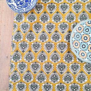 Bagru block-printed table runner, yellow paisley from Shakti.ism