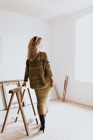 Sunbeam Rib Knit Midi Pencil Skirt With Sparkles - Mustard/Green Merino Wool Blend from STUDIO MYR