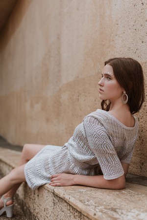 Berber Graphic Jacquard Linen Blend Knitted Dress With Belt - White/Natural Blend from STUDIO MYR