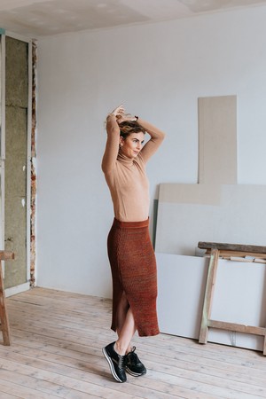 Leaves Rib Knit Midi Pencil Skirt With Sparkles - Red/Brown Merino Wool Blend from STUDIO MYR