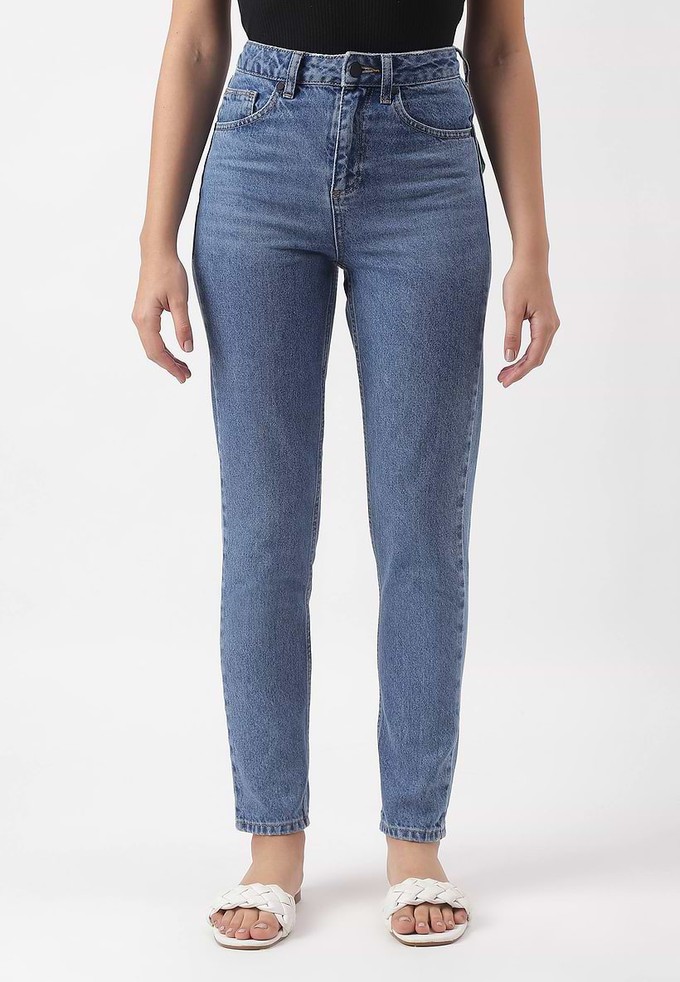 Re.Street Rebel | Hoch sitzende verkürzte Slim-Jeans in Mittelindigo from Un Denim