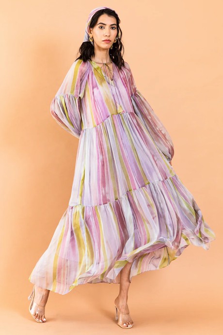 Chiffon Tiered Maxi Dress Long Sleeves - Blush from Urbankissed