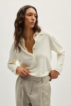 The Linen Cotton Vintage Long Sleeve Polo - Milk White via Urbankissed