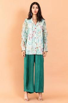 Chiffon Shirt Ruffle Sleeves & Straight Pants - Pale Blue/Green via Urbankissed