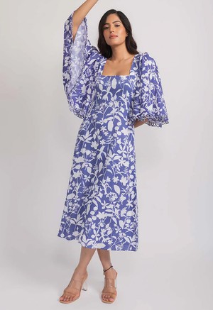 Floral Midi Dress Flared Sleeves - Blue from Urbankissed