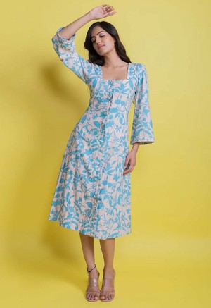 Floral Button-Down Midi Dress - Light Blue from Urbankissed