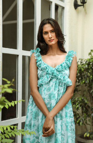 Sheer Floral Midi Dress & Ruffled Straps - Light Fern from Urbankissed