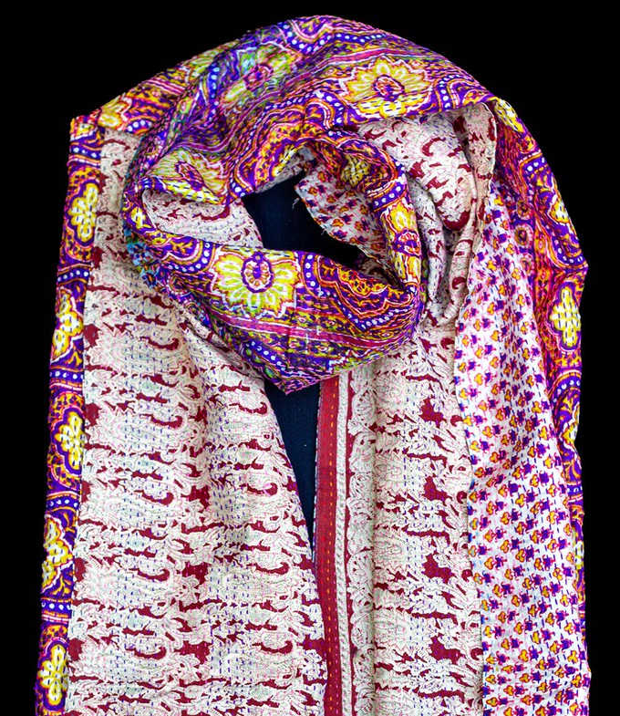 Kantha sjaal hergebruikte zijde Rood-Bruin-Oker motieven from Via India