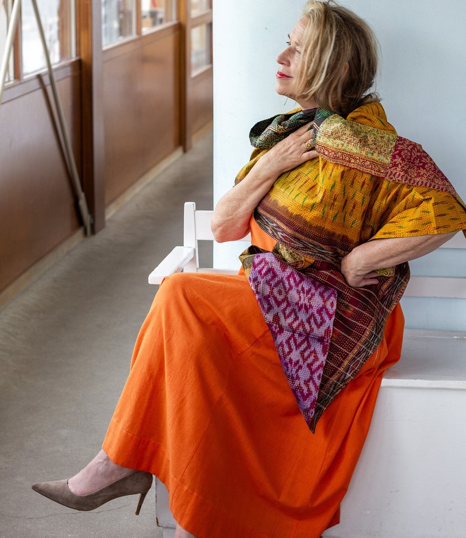 Kantha sjaal hergebruikte zijde Oranje-Goud Ikat from Via India