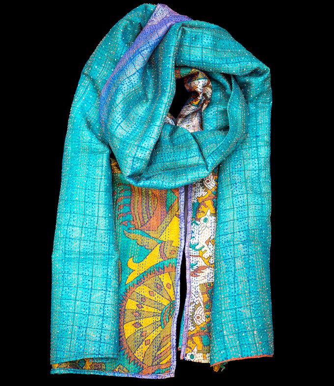 Kantha sjaal hergebruikte zijde geel-turquoise from Via India