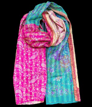 Kantha sjaal hergebruikte zijde Pink-Turquoise voor inkopers from Via India