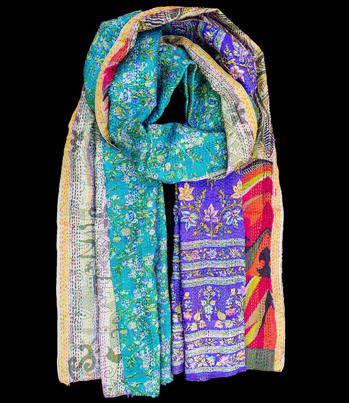 Kantha sjaal hergebruikte zijde Turquoise-Rood-Paars from Via India