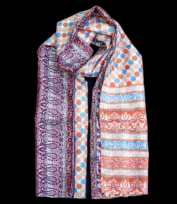 Kantha sjaal hergebruikte zijde Oranje-Lichtblauw Polka Dots from Via India