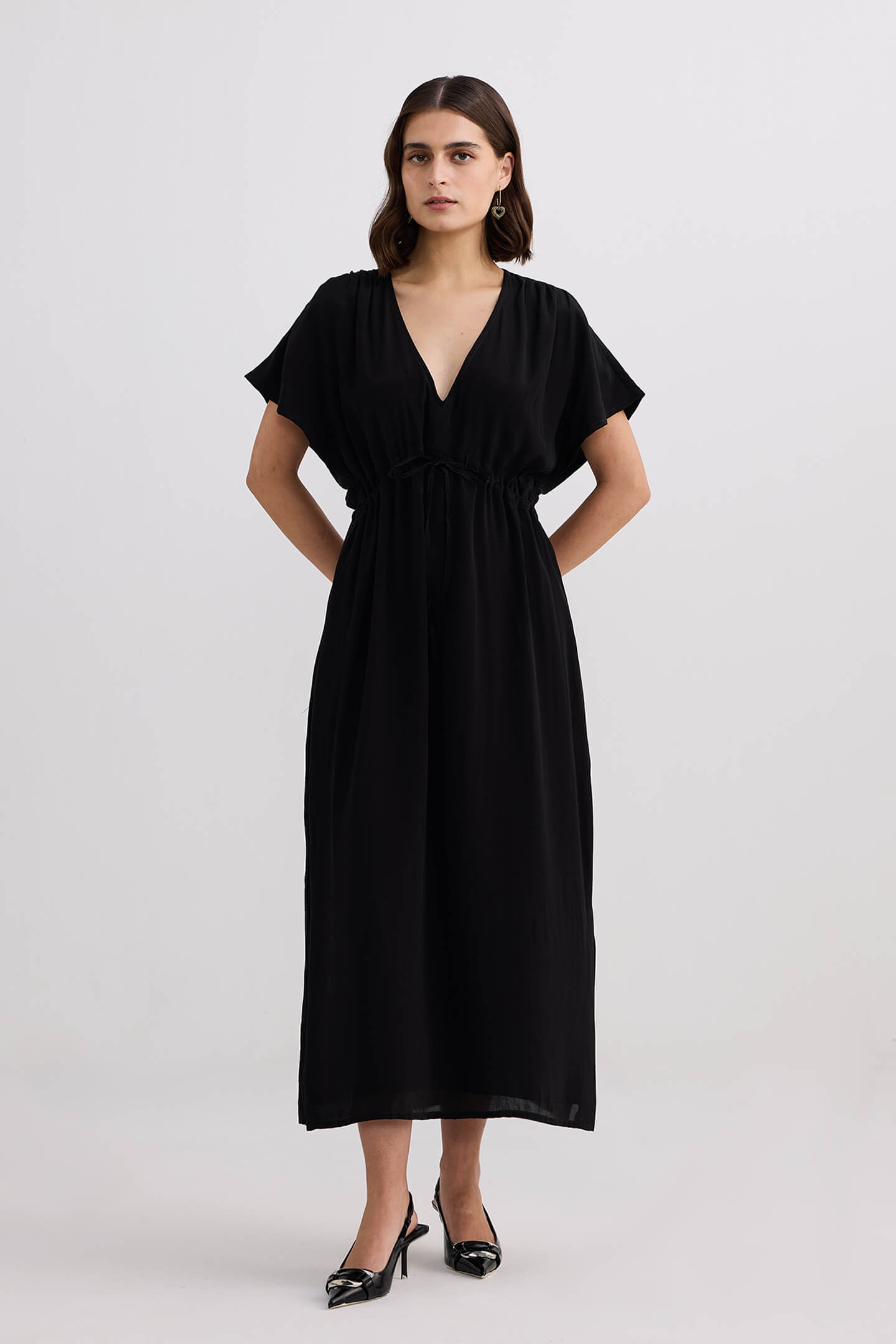 NWT BHLDN Cortine online Dress Gathered V-Neck Long Maxi Dress with Slit Black US 4